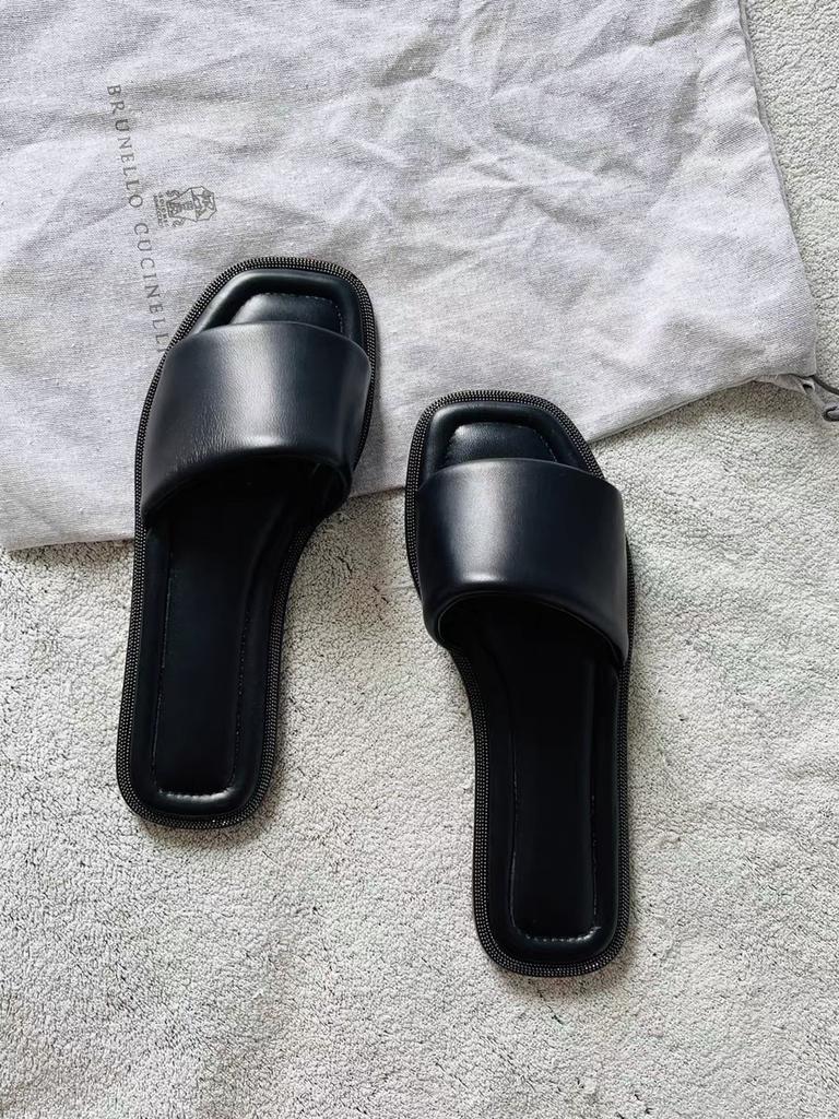Leather with Diamond Edge Square Head Soft and Comfortable Flat Bottom One Word Cool Slippers Women's Fashion 2025 Summer New
