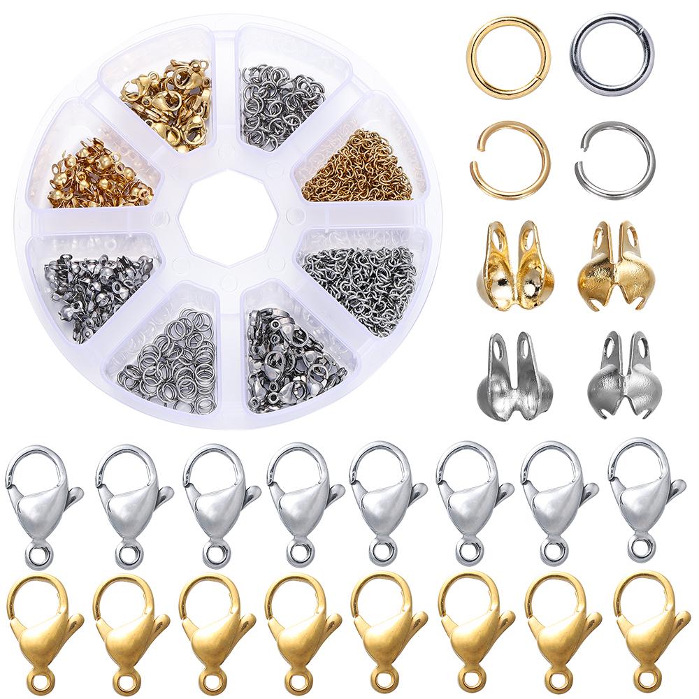 Stainless Steel Lobster Clasps Open Jump Rings Crimp Beads Caps For Diy Bracelet Necklace Supplies Jewelry Making Kit Set Box