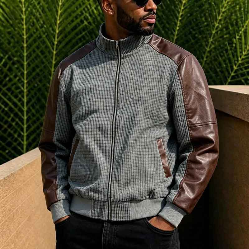 Men s Grey Waffle Knit Faux Leather Patchwork Stand Collar Zip Up Bomber Jacket S
