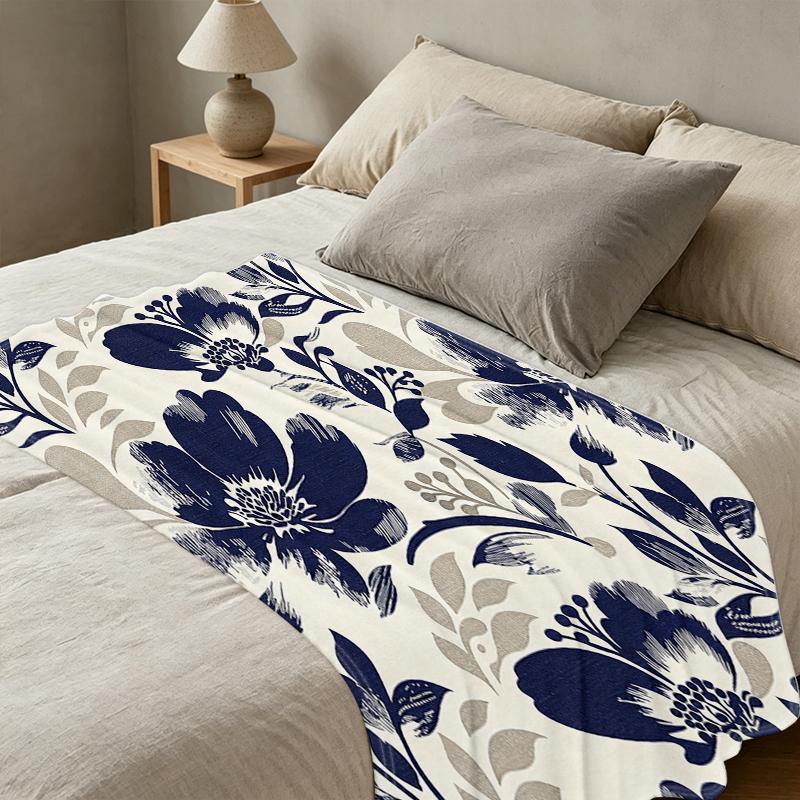Floral Trim Flannel Fleece Throw Blanket Soft, Skin-Friendly, Warm & Decorative Couch Throw for Home, Halloween, Christmas