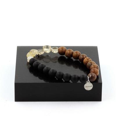 Bracelet - A Bijoux - Golden Rutilated Quartz - Matte Black Onyx - Wood - 19-20 Cm
