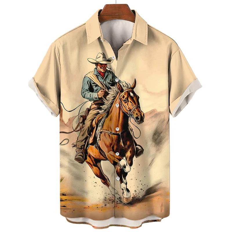 Western Denim Shirt For Men 3d Printed Oversized Hawaiian Casual Short Sleeved Lapel Men'S Clothing Streetwear Vintage Shirts