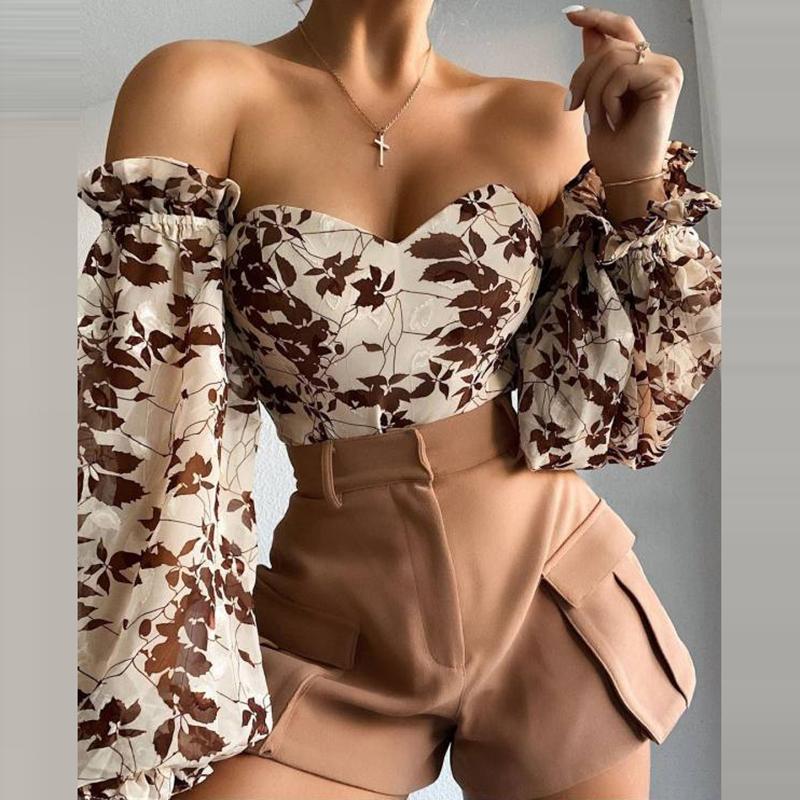 Sexy Ladies Off-shoulder Tube Top Print Chiffon Shirts Casual Spring Summer Lantern Sleeves Pullover Elegant Office Slim Blouses