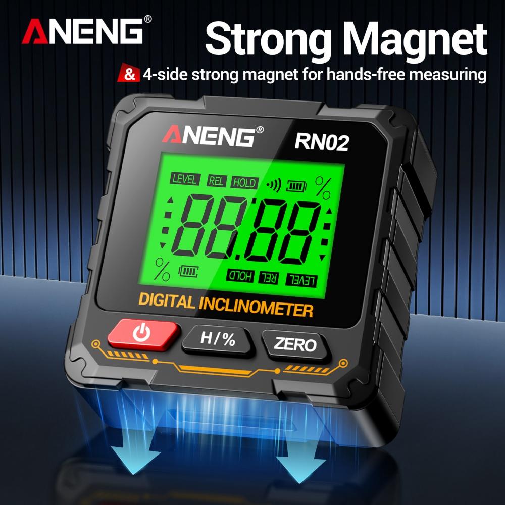 RN02/RN03 Multi-Function Digital Inclinometer Four-Sided Magnetic Charging Angle Gauge Supports 360 Degree Rotation Measurement