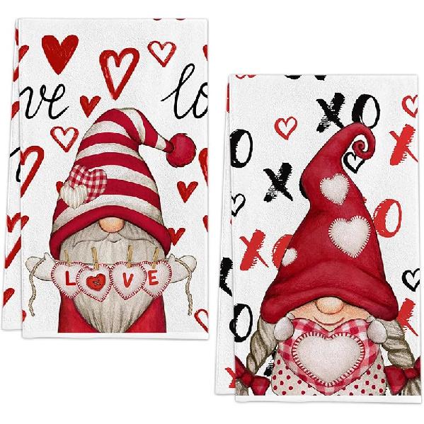 Valentines Day Kitchen Towels, Valentines Kitchen Decor Dish Tea Towels 16”x23.5” Sets of 2, Red Valentine Day Gnomes Decorations for Home 18x28 in красный