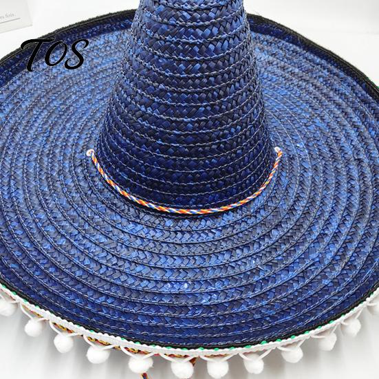 Mexican Straw Hat Sombrero with Colorful Poms, Hawaiian Style Woven Sun Hat, Wide Brim Lightweight Halloween Costume Party for Summer Beach