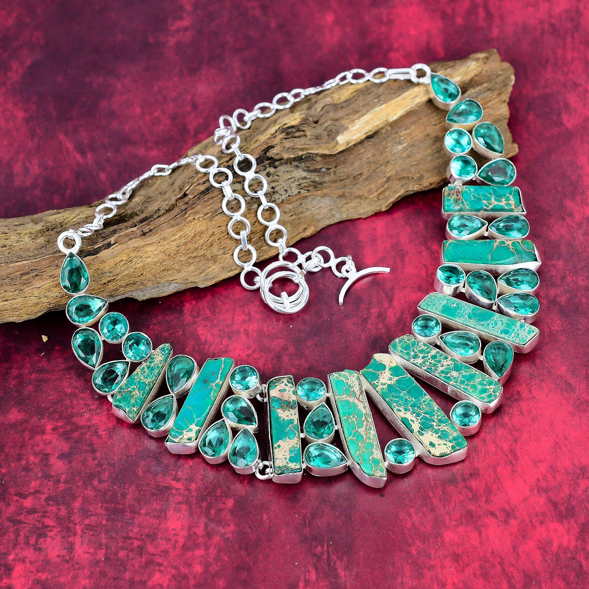 

Green Sea Sediment & Indicolite Handmade Gemstone Necklace, 925 Solid Sterling Silver Necklace Antique Jewelry, Necklace For Memorial Day
