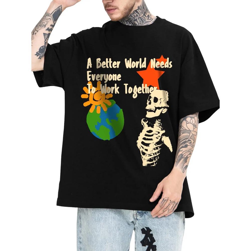 T-shirt da uomo con stampa grafica di lettere Girocollo Manica corta Vestibilità larga Top in poliestere per uso quotidiano Scollo a O Maniche corte