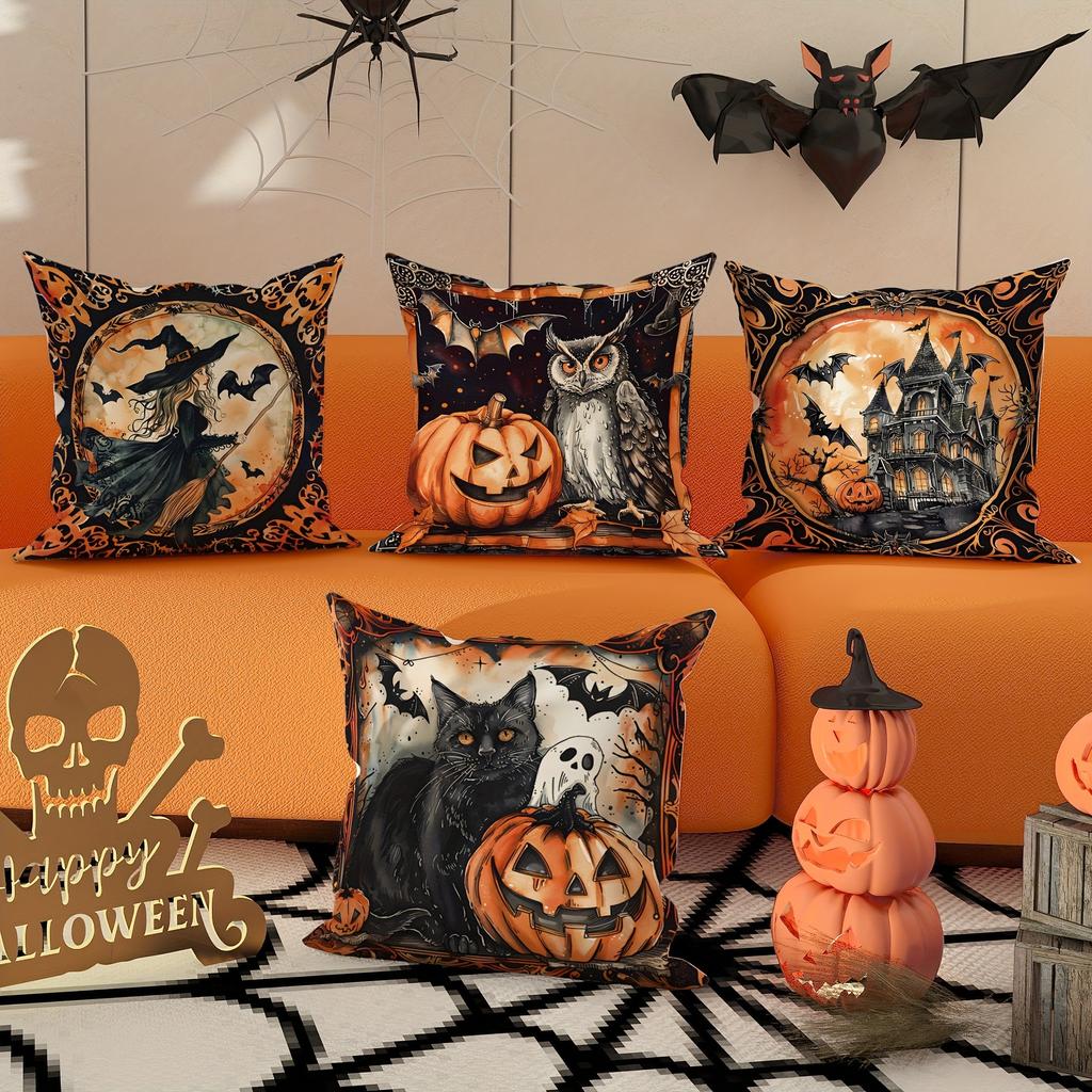 Halloween Decorative Pillowcase, Witch Pumpkin Cat Castle Pattern, Suitable for Home Room Living Room Sofa Cushion Cover