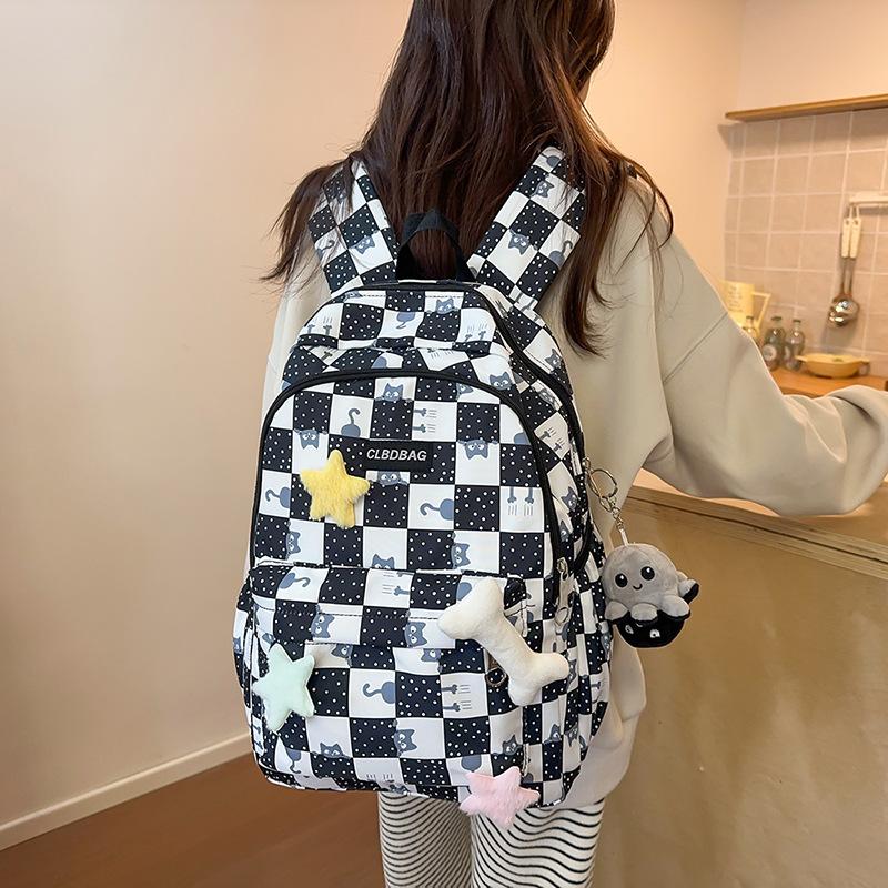 Plaid Cat Print Nylon Schoolbag Large Capacity Backpack High School Student Backpack
