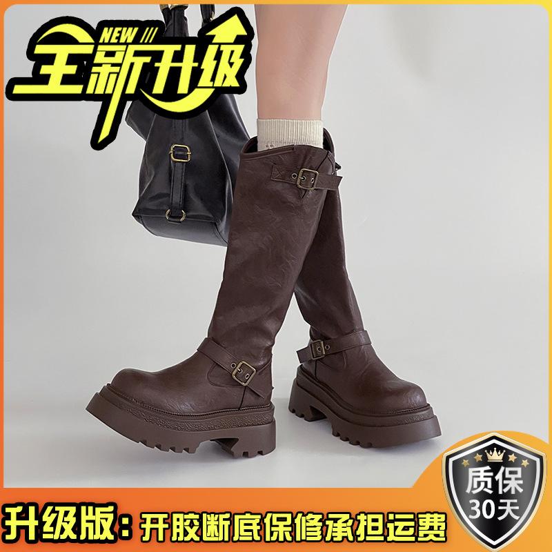 2025 autumn British style leather boots platform belt buckle knight boots women's fashion retro versatile but knee fashion boots