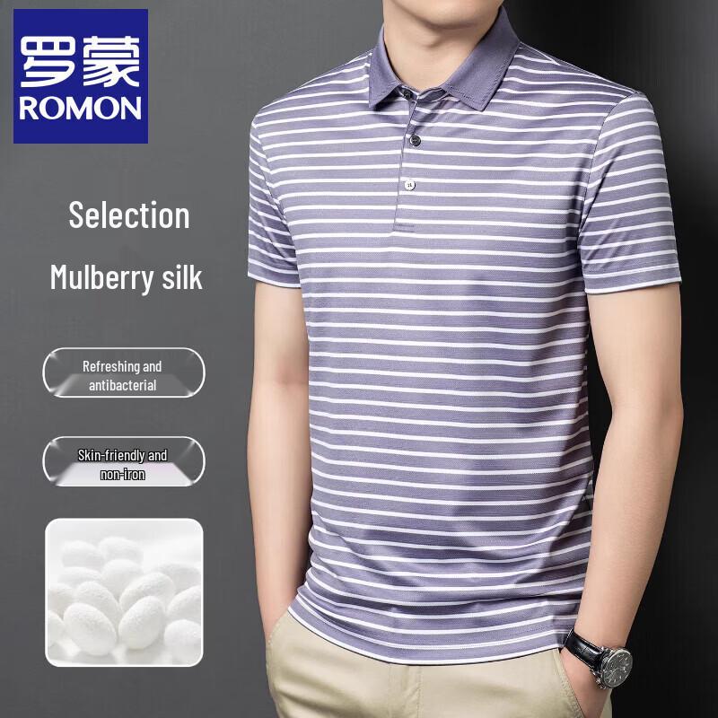 Romon Men s Mulberry Silk Blend Striped Polo T-Shirt 165/M