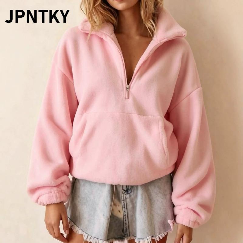 JPNTKY Women's Long Sleeve Half Zip Hoodie Vintage Casual Solid Color Print Autumn Winter Jackets & Coats