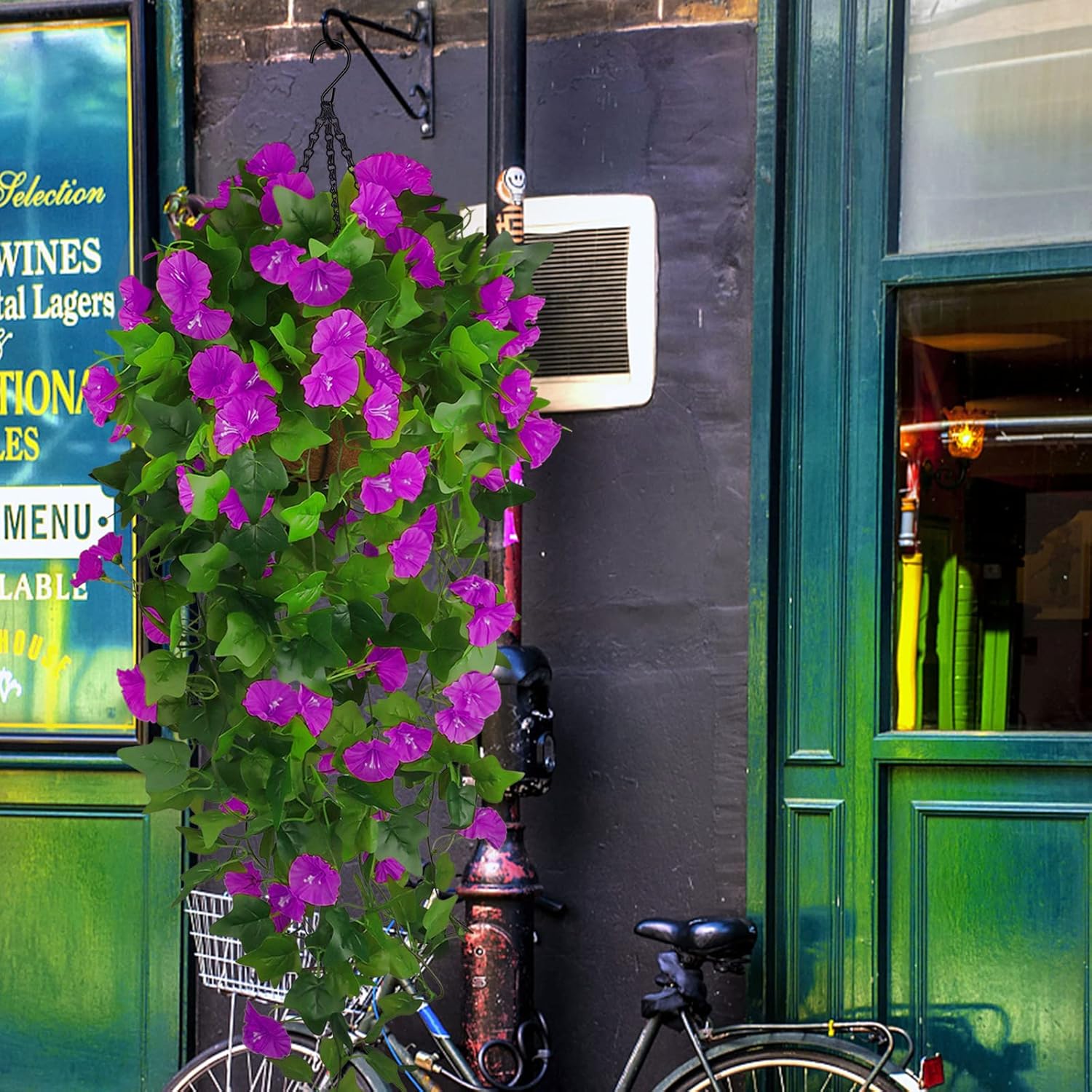 

Artificial Fake Hanging Flowers Plants Basket for Spring Outdoor Outside Decoration,UVResistant Faux Plastic Fabric Flower Morning Glory Petunia