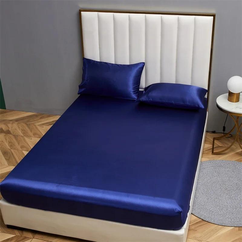 High-end Satin Queen Fitted Sheet Silky King Size Bed Sheet with Elastic Band Bedsheet Mattress Protector Cover No Pillowcase