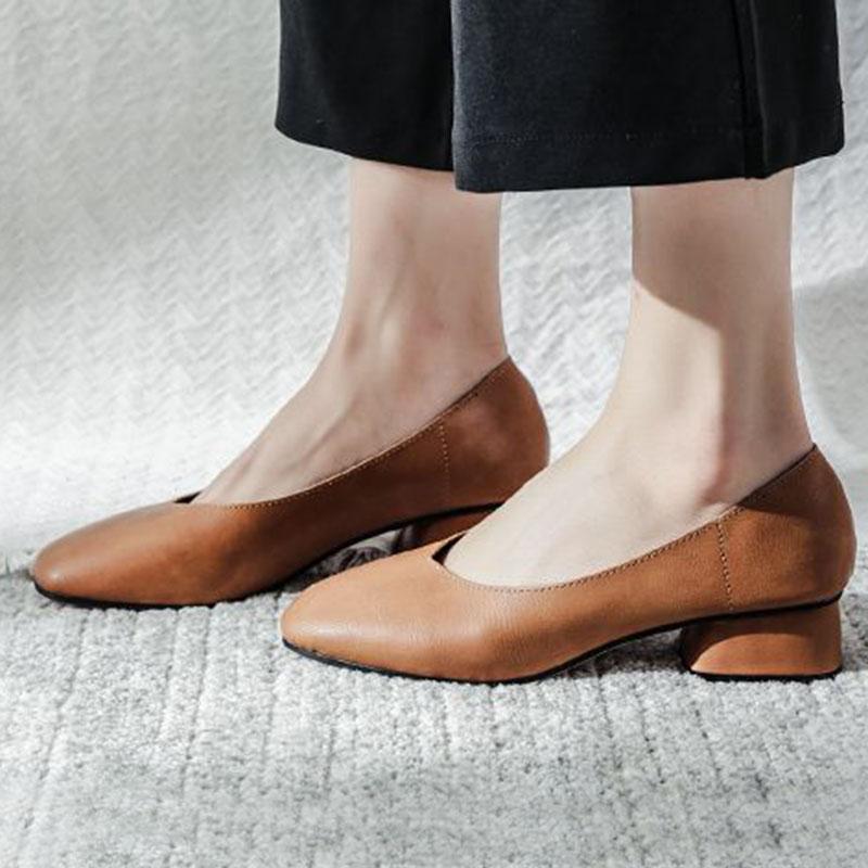 Měkká kůže Jednoduché boty Dámské Silné podpatky Jaro a Podzim Čtvercová špička Nízké podpatky Jednobarevné Měkké podrážky Nazouvací Vysoké podpatky Neunavují nohy