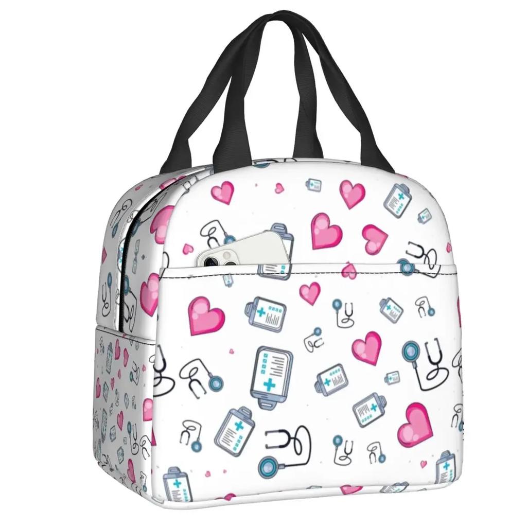 Nurse Tool Pattern Insulated Lunch Tote Bag for Women Nursing Resuable Thermal Cooler Food Lunch Box Work School Travel