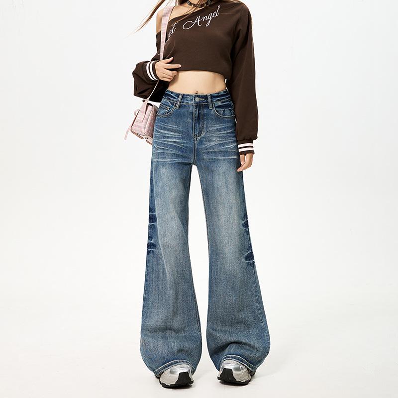 

Женские джинсы клеш микро осень 2025, не скинни, свободные широкие, прямые мятые брюки S