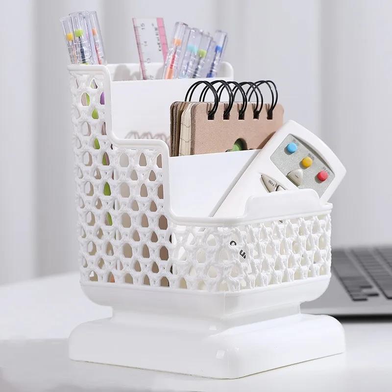 3-grid Pen Holder Plastic Hollow Storage Box for Student Desktop School Stationery Storage Multifu Phone Holder Storages Bucket