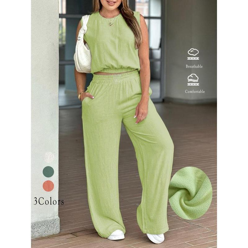 Women s Loose Two Piece Outfit Sleeveless Tank Top High Waist Wide Leg Pants Elegant Commuter Matching Lounge Set S