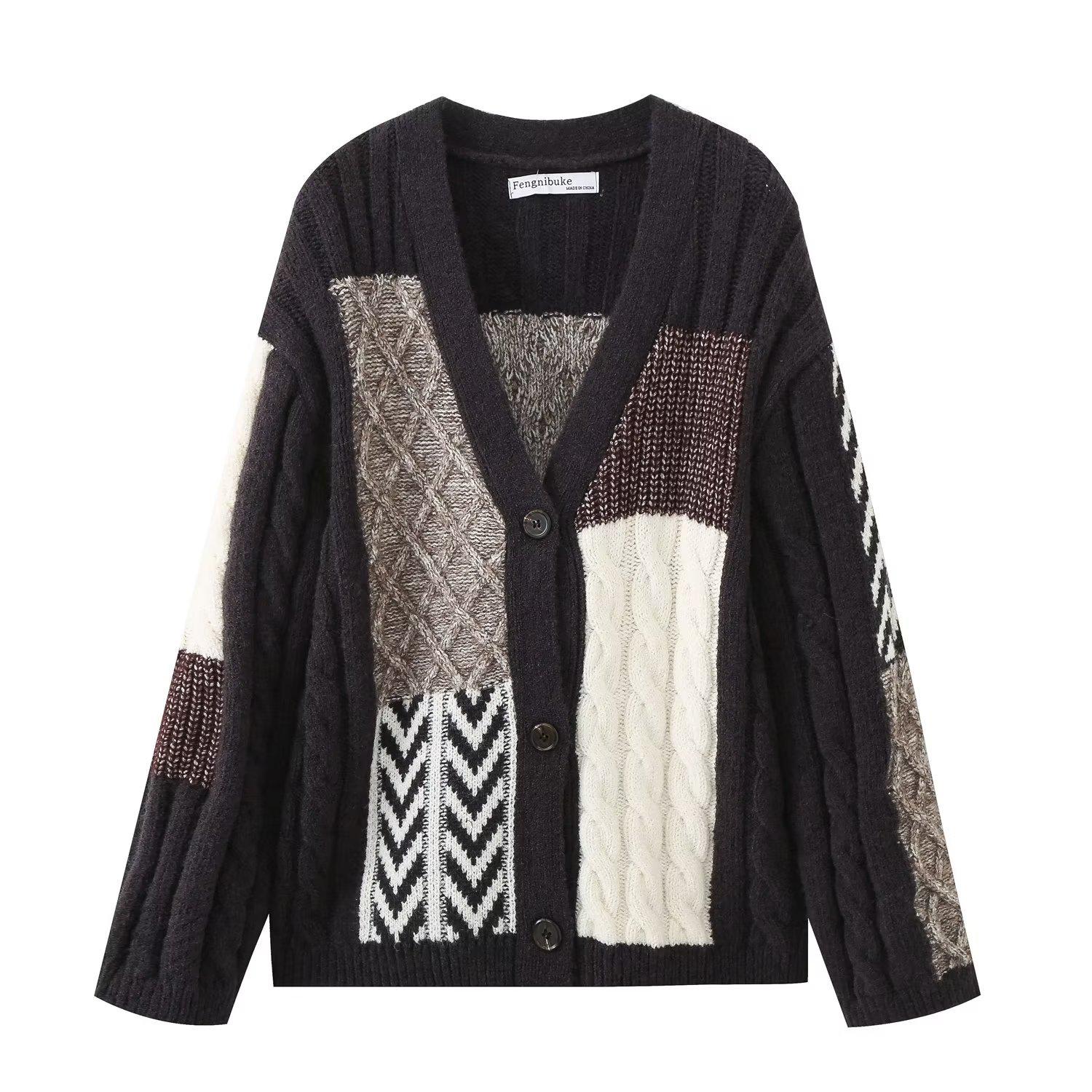 

Осенний свитер-кардиган свободной вязки с V-образным вырезом 2023 года — женский плотный стиль с цветными блоками Large