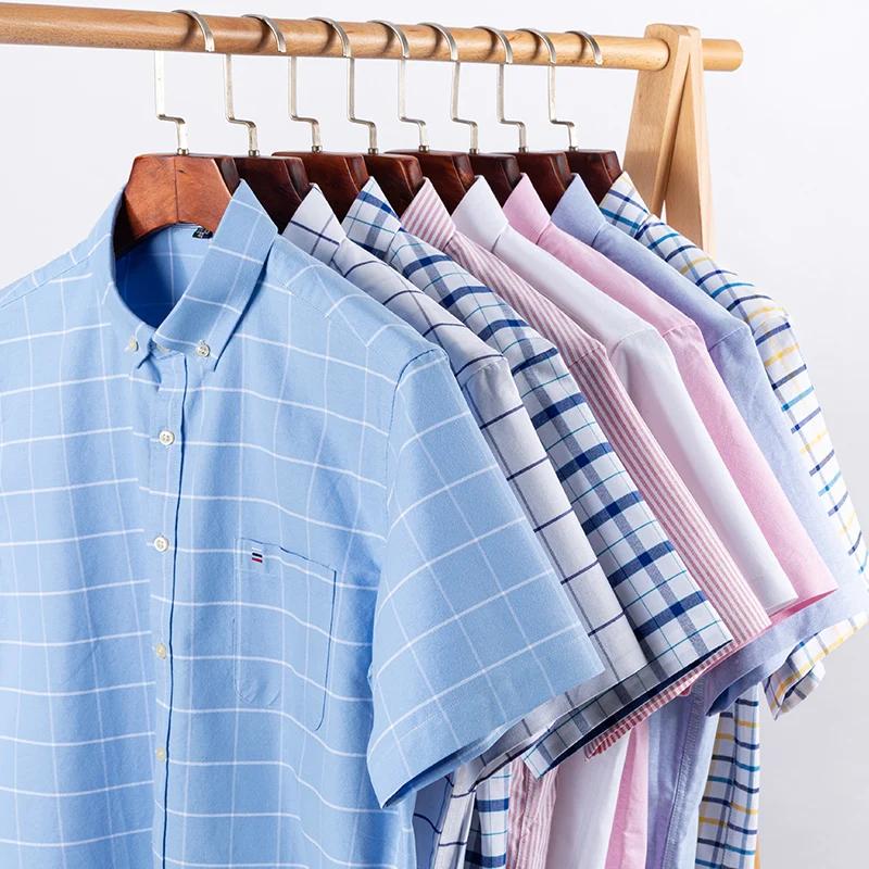 100% Pure Cotton Oxford Men's Shirts Short Sleeve Plaid Soft Regular Fit Formal Dress Shirt Social Blouse Male Clothes 6XL 7XL