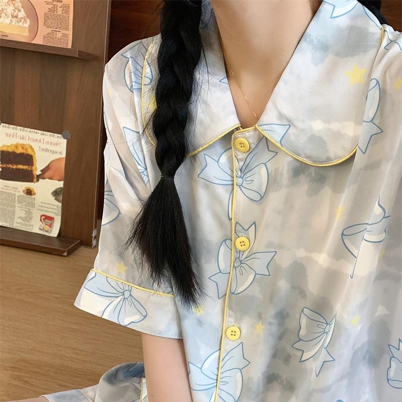 

Pajamas Female Cute Sweet Blue Bow Short Sleeves Trousers Fashionable Versatile Student Dormitory Loungewear M