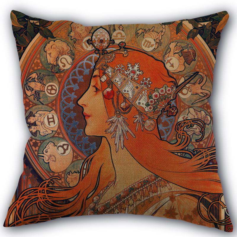 Custom Alphonse Mucha Art Pillowcase Cotton Linen Fabric Square Zipper Pillowcase 45X45 Wedding Decorative Pillow Cover