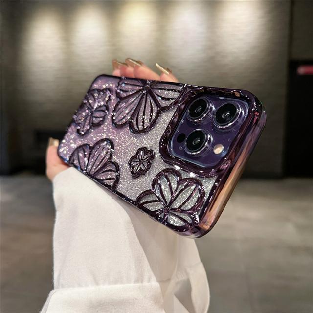 For iPhone 15 Pro Max Luxury Flash Glitter Flowers Plating Frame Phone Case For iPhone 11 12 13 14 15 16 Soft Protective Cover