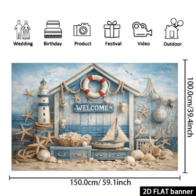 2D Vintage Beach House Nautical Backdrop with Fishing Net & Lifebuoy