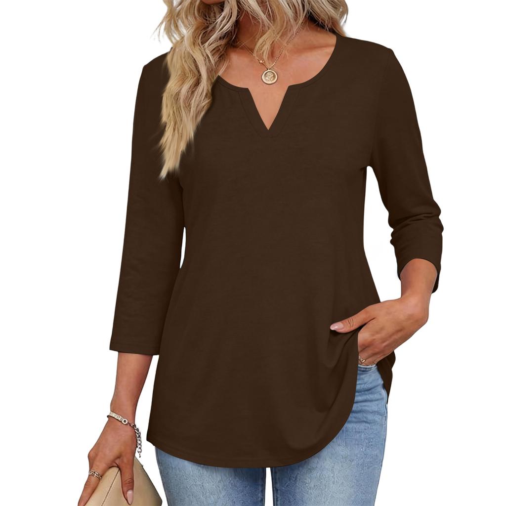 Modisches lässiges Damenoberteil mit V-Ausschnitt und Rundhalsausschnitt, 3/4-Ärmel