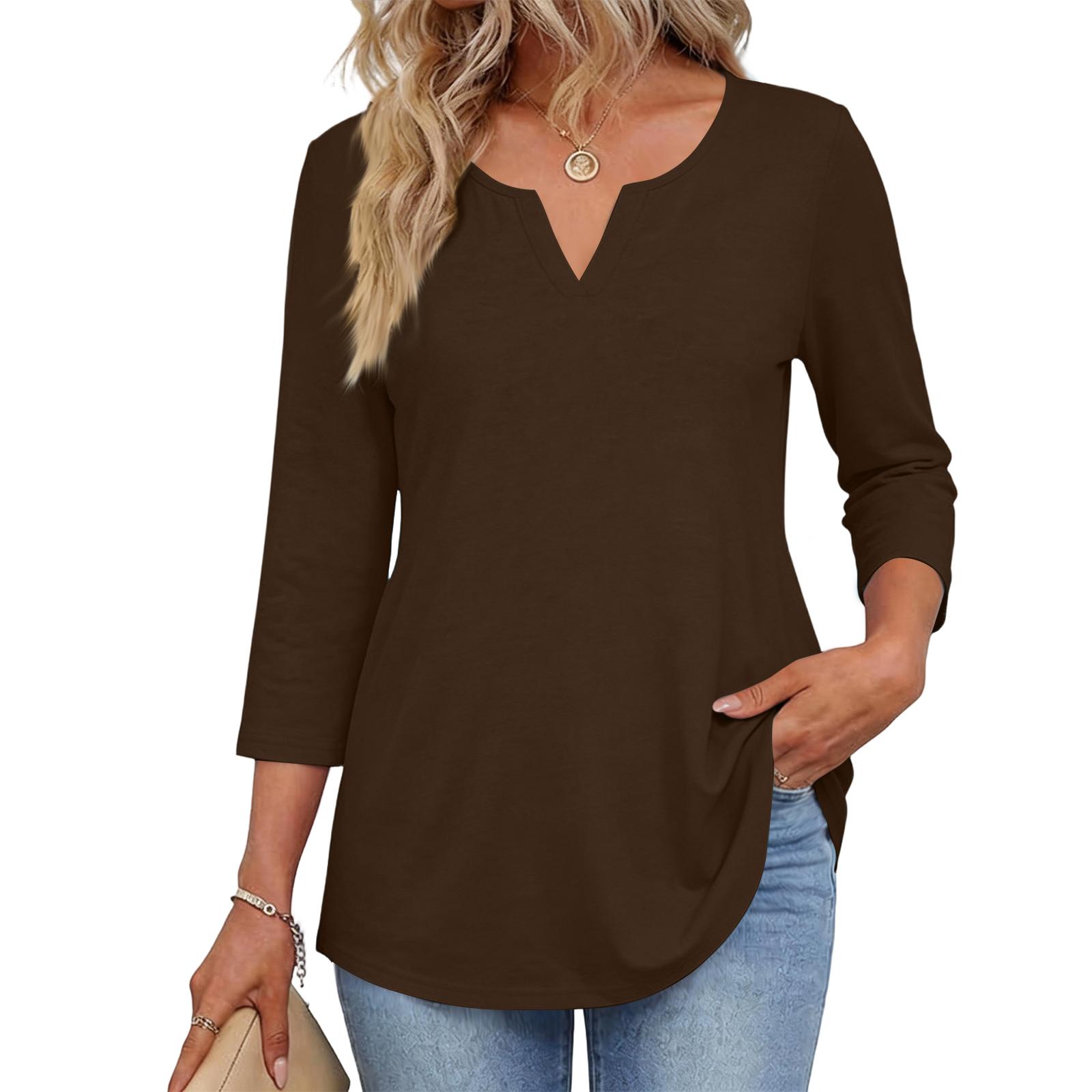 Women s Fashionable Casual V-neck Round Neck 3/4 Sleeve  Top S кофейный
