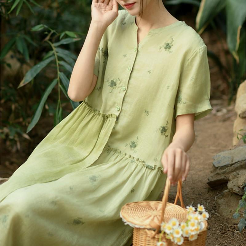 Johnature Dámské Vintage šaty s výstřihem do V, krátkým rukávem Patchwork výšivka Květinové látky Letní šaty v čínském stylu