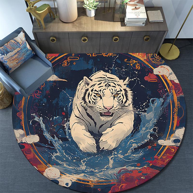 Tiger in Waves Round Area Rug,Carpet Rug for Living Room Bedroom Sofa Playroom Decor,Non-slip Floor Mat
