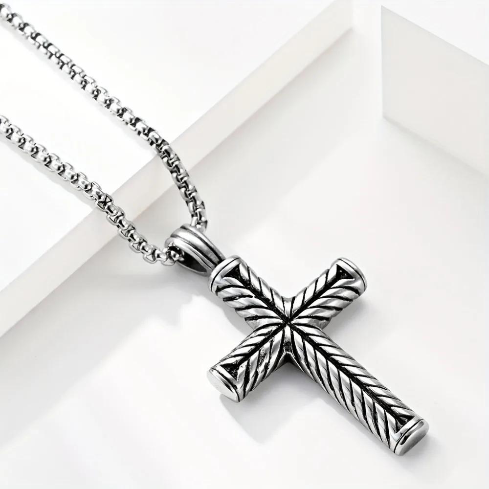 Funky Easter Stripe Cross Cool Pendant Necklace, Men's Trendy Stainless Steel Necklace Fashion Accessories