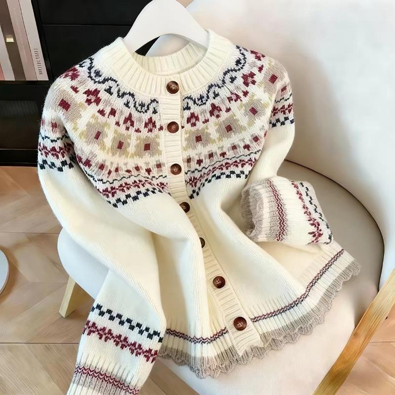 Women S Korean Style Fair Isle Knit Cardigan Sweater Beige