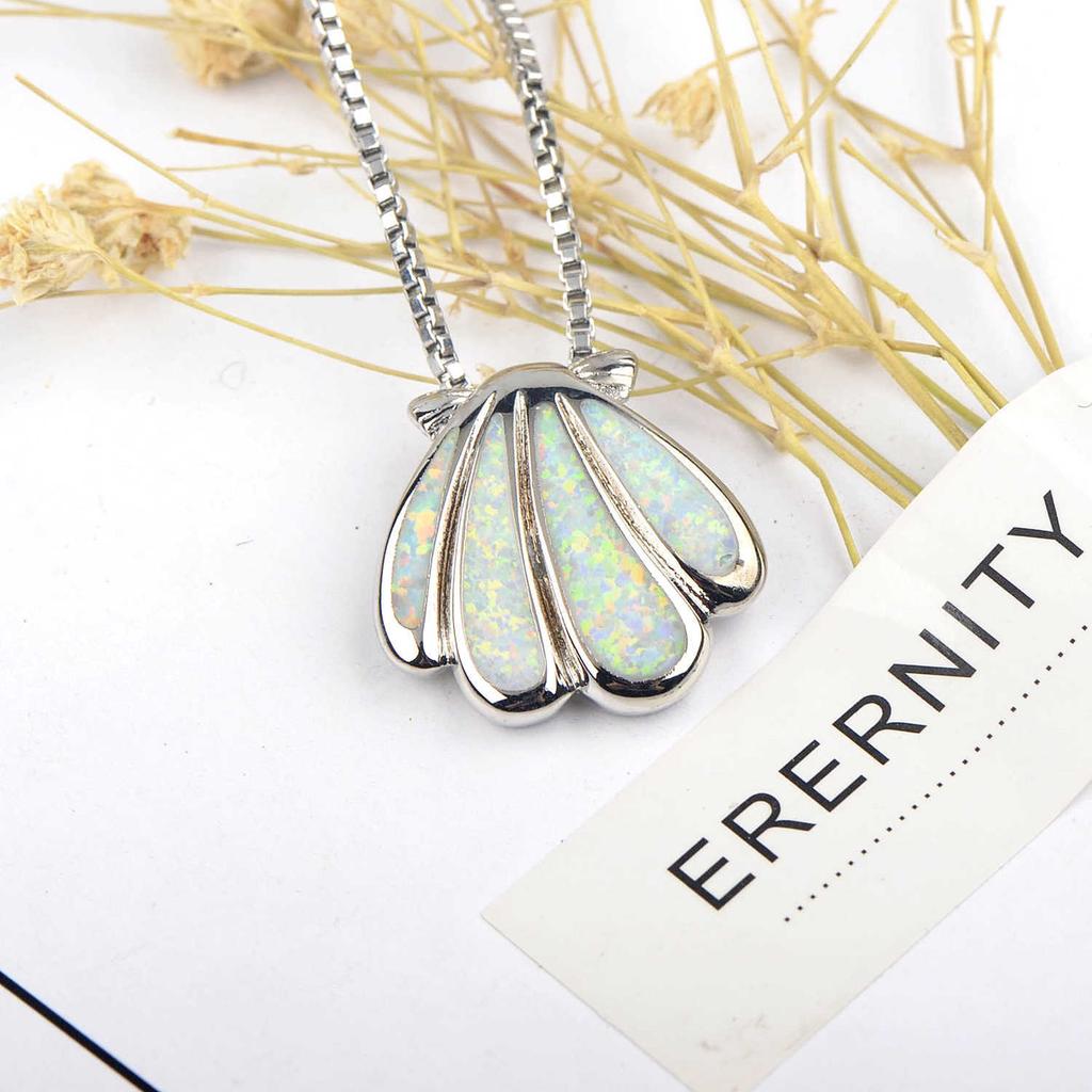 New Christian European American Fashion Accessories White Opal Copper Necklace Scallop Pendant Sweater Chain Silver Plated