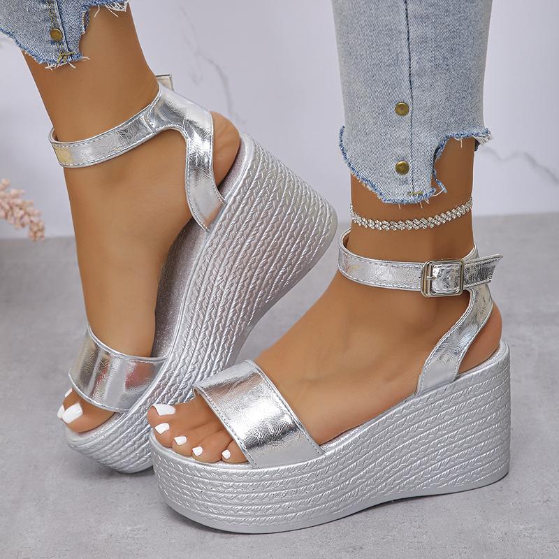 Sandales à plateforme chunky à lanière de cheville tendance pour femmes 2025 été sandales compensées à semelle épaisse femme mode argent talons hauts sandales