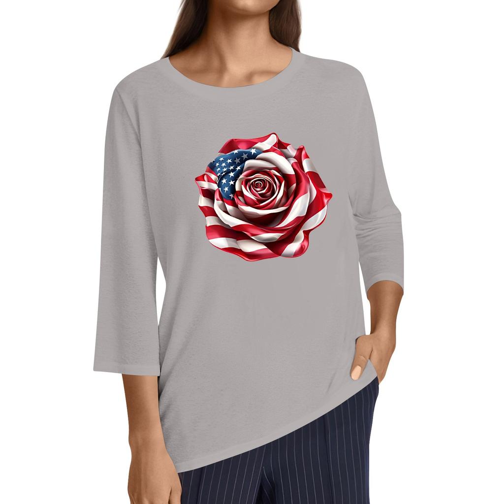Women's Fashion Casual Round Neck 3/4 Sleeve Loose Independence Day Printed T-Shirt Ladies Top