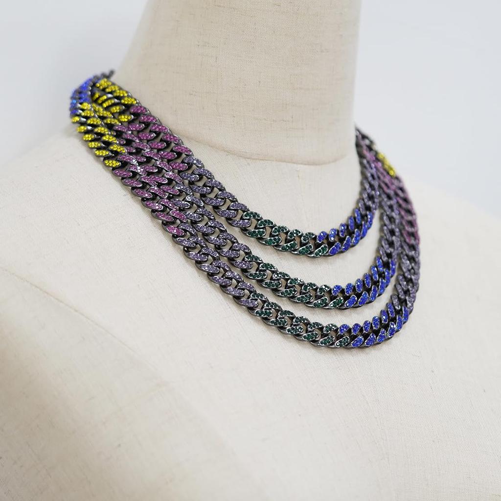 JEWELRY TAKEDA Iced Out Rainbow Cuban Chain Necklace with Black Wide Streetwear 14mm Length Rhinestones, Plated, Chain, Men's Accessory, Width,