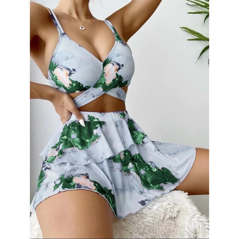 Sexy Bikini 2025 Mujer Skirt Swimsuit Women Blue Marple Print Cover Up 3 Piece Swimwear Beach Bathing Suit Swimming Suit Biquini
