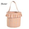 Trick or Treat Baskets Halloween Basket, Plaid Ruffle Candy Bucket with Handle Bags for Kids Kids, Reusable Gingham Fabric Storage Basket Party Favors