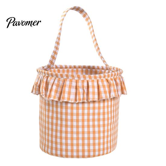Trick or Treat Baskets Halloween Basket, Plaid Ruffle Candy Bucket with Handle Bags for Kids Kids, Reusable Gingham Fabric Storage Basket Party Favors