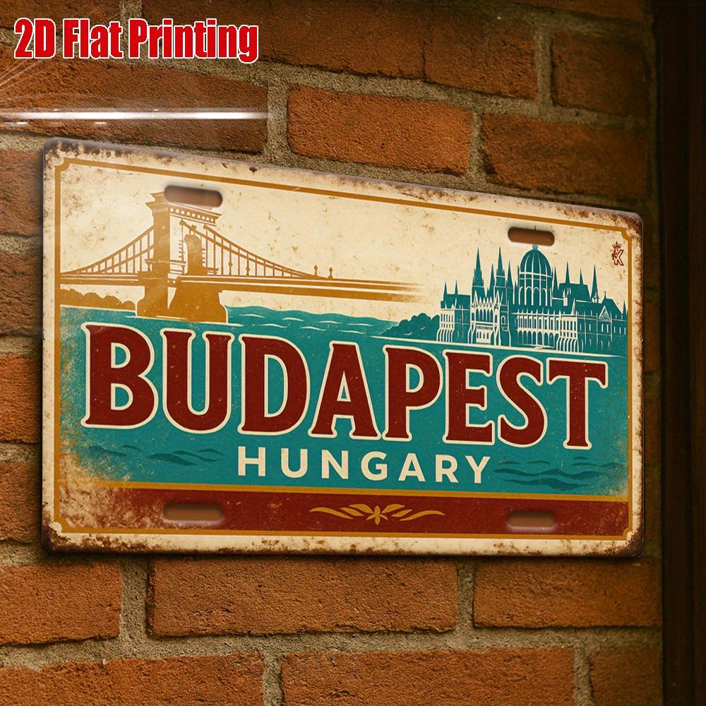2D Flat One-Piece Budapest Bridge Scene Metal License Plate, Perfect for Galleries, Lofts, Living Rooms, and Feature Walls
