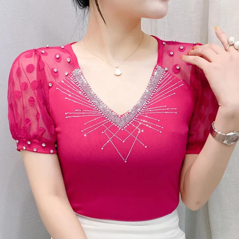 Summer New Mesh T-shirt Shiny Hot Diamonds Tees Sexy V-neck Short Sleeve Women's Tops Fashion Classic Girl Streetwear Blouse