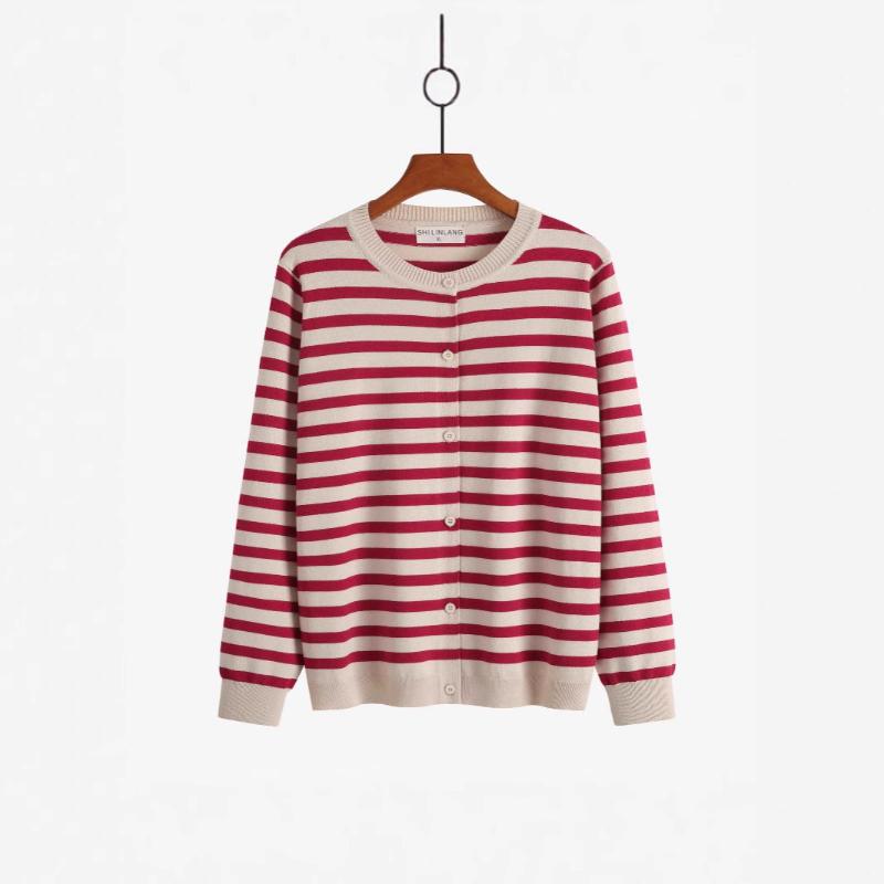 Striped Long Sleeved Knitted Sweater Women's Autumn and Winter New Loose Small Cardigan Jacket All Match Top