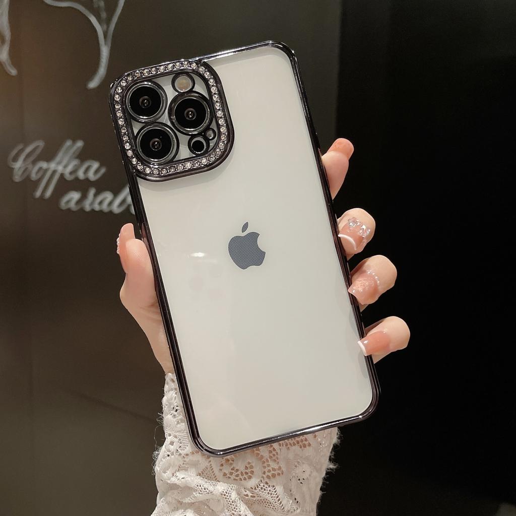 Suitable for IPhone16 Phone Case Electroplated with Full Diamond Lens, Creative Transparent TPU Soft Case 14 Protective Case for Apple 15