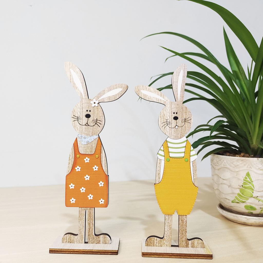 2Pcs Easter Wooden Rabbit Ornaments Cute Cartoon Stand Bunny Desk Decoration Figurines Nordic Style Easter Party Decoration