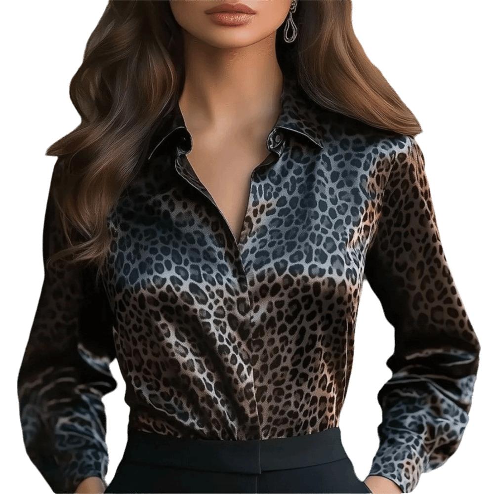 Button Up Satin Silk Blouse Women's Tops Leopard Print Blouse Fashion Long Sleeve Shirt  Office