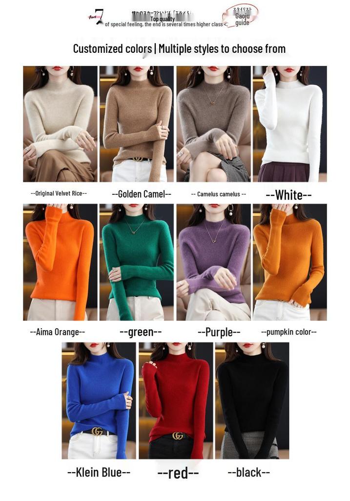 Women's Slim-Fit Korean Style 100% Wool Sweater, Half-High Neck Knit Base Layer for Autumn/Winter